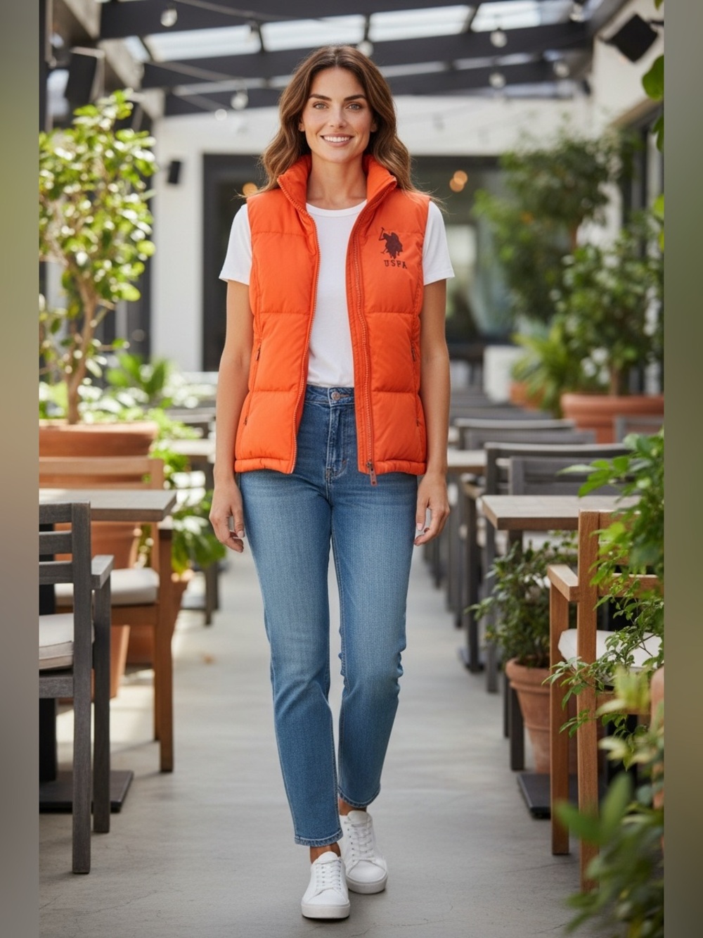 Ladies U.S. Polo Association Orange Puffer Vest Zip Front-Embroidered Logo-XL